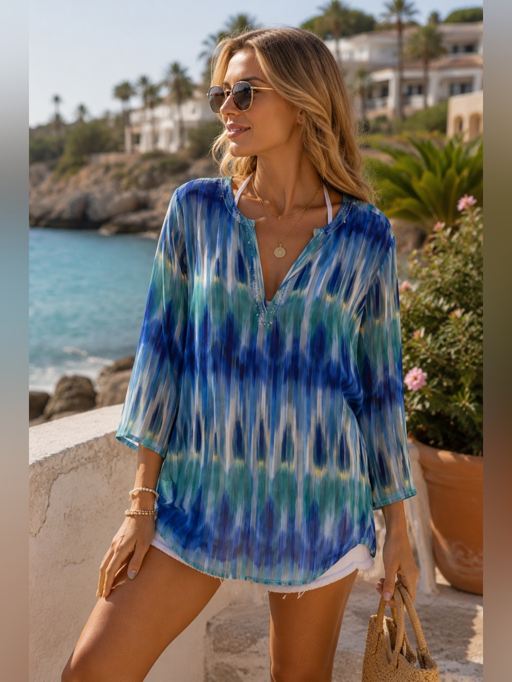 Chico’s Blue & White Tunic ✨ Resort Cover-Up Coastal Chic Flowy Beach Top